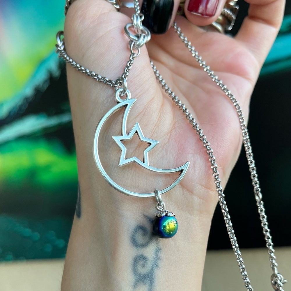 Set ! Moon stars iridescent black green beads necklace + matching earrings boho - Picture 5 of 12